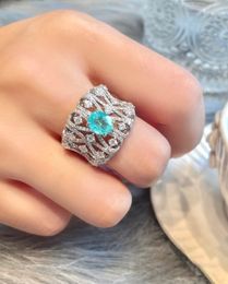 Hollow Lady Finger Ring Aquamarine 925 sterling silver Party Wedding band Rings for Women Men Personal Birthday Jewelry Gift