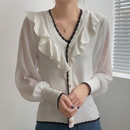 Women's Sweaters Button Ruffles Sweater Women Autumn Chiffon Patchwork Lantern Sleeve Womens Korean Clothes Pullover Sueters De Mujer