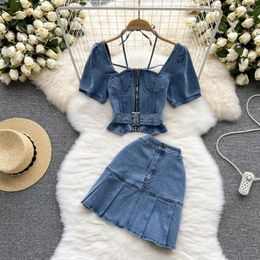 Work Dresses Women Denim Blue Sexy Sets Zipper Sashes Puff Sleeve Bow Tie Backless Blouse Tops Ruffle Skirt 2 Two Pieces Set Holiday