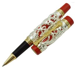 Jinhao Dragon Phoenix Vintage Luxurious Rollerball Pen Metal Carving Embossing Heavy Noble Silver & Red For Office School