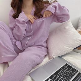 Women's Sleepwear Nightwear Pure Cotton Couple Pajama Set Double Layer Crepe Gauze Pijamas Women Men Long Sleeve Pants Suit Soft L746