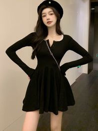 Casual Dresses QWEEK Knitted Black Wrap Dress Women Korean Style Bodycon Lace Long Sleeve Short Dresses Autumn Kpop Outfits Solid 230509