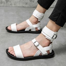 Sandals Summer Men Gladiators High Tops Belt Leather Casual Shoes Breathable Beach Outdoor Slippers Black White Plus Size 230508