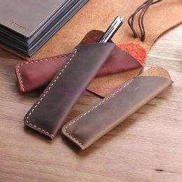 100pcs/lot Genuine Leather Pen Pouch Holder Double Pencil Bag Case Sleeve For Fountain/Ballpoint Travel Diary Cover