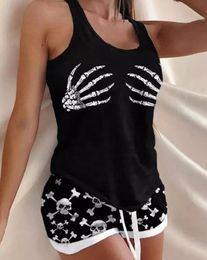 Women's Sleepwear Women Pyjamas 2 Pieces Halloween Skull Hands Print Casual UNeck Sleeveless Top Drawstring Above Knee Set Summer 230508