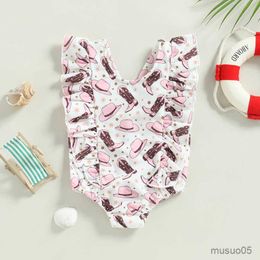 Two-Pieces Baby Girls Romper Swimsuit Sleeveless Round Neck Cartoon Boots Hat Print Vest Summer Beach Girls Swimwear