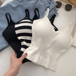 Women's Tanks Camis knitted camis for woman tops for women stripes crop tops built in bra spaghetti strap camisole female tank dropp 230509