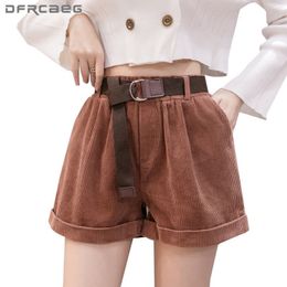 Women's Shorts Autumn Winter Women Corduroy Shorts With Belt High Waist Loose Casual Warm Ladies Big Size Short For Boot Pink 4XL 230509