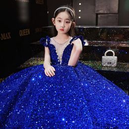 Sequined Flower Girls Dresses Beaded Neacklace Blingbling Kids Formal Weddings Dress Crystal Princess Ball Gown Birthday Girl Communion Pageant Gowns 403