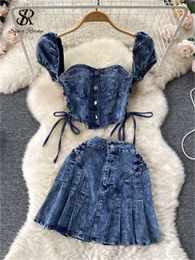 Two Piece Dress SINGREINY Vintage Denim Sets Women Off Shoulder Straps Mini TopPleated Short Skirt Fashion Summer Sexy Pieces Suits 230509