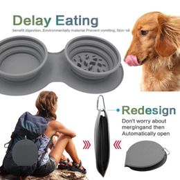 Feeding Collapsible Pet Bowl Portable Slow Feeder Dog Bowl Foldable Silicone Cat Food Water Bowl Double Mat Outdoor Travel Pet Supplies