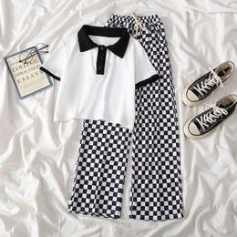 Sets Suits Girls Junior Summer Suit Children s Checkerboard Trousers Short Sleeve T shirt 2 Piece Wide Legged Pants 3 12Y 230508