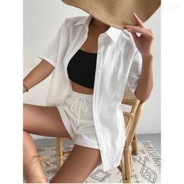 Women's Polos European And American Shirt Women 2023 Cotton Linen Top Drawstring Tied Shorts Loose Casual 2-piece Set Camisas Mujer