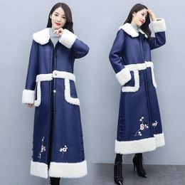 Women's Fur & Faux Lamb Coat Long Over The Knee Winter Chinese Style Plus Velvet Thick Parka Lady Fashion Patchwork Overcoat Y1389