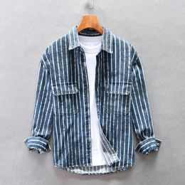 Men's Casual Shirts 2023 Custom Woven Striped Washed Used Denim Shirt Men's Work Style American Retro Trend Youth Tops W490