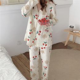 Women's Sleepwear Cherry Print Pyjamas Bear Cartoon Autumn Winter Suit Women Cotton Gauze Pyjama Set Homewear Pants Breathable Soft L807