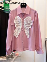 Womens Blouses Shirts Komiyama Lace Bow Sweet Pearl Button Blusas Mujer Summer Clothes Women Korean Fashion Shirt Tops 230509