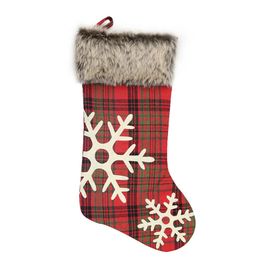 Christmas Stockings 18 inches Large Plaid Snowflake Plush Faux Fur Cuff Stockings Family Holiday Xmas Party Decorations