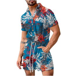 Men's Shorts Men's Summer Casual Cotton Linen Floral Printed Short Sleeve Turn-down Collar Romper Lace-Up Beach Loose Jumpsuit#g3 230506