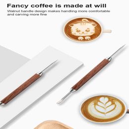 Coffee Art Needles Coffee latde art needle solid wood artide with hook stainless steel needle for drawing coffee cup foam P230509