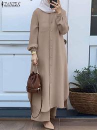 Sets ZANZEA Fashion 2pcs Women Muslim Sets Spring Long Sleeve Shirt Pants Suits Casual Dubai Turkey Abaya Sets Eid Mubarek Outifits