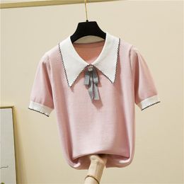 Women's T Shirts Korean Fashion Bow Women Shirt Turn-Down Collar Knitted Tee Female Summer Short Sleeve Sweet Style Tshirt Woman Clothes