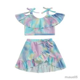 Two-Pieces Kids Baby Girl Swimsuits Summer Tie-dye Print Sleeveless Camisole and Ruffled Beach Skirt Set Swimwear Bathing Suit