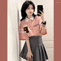 Work Dresses Xgoth 2023SS Two Piece Turn Down Collar Top Cute Short Sleeve T-shirt Student Preppy Pleated Skirt Simple Streetwear Set