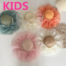 Hats 202303-2508330 CHIC Summer Parent-child Style Raffia Grass Color Pleated Organza Brim Kids Sun Cap Child Girl Women Leisure Hat