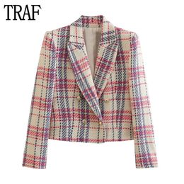 Women's Suits Blazers TRAF Plaid Tweed Textured Cropped Jacket Double Breasted Long Sleeve Button for 230509