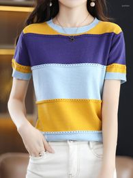 Women's T Shirts Thin Knitted T-Shirts For Women Shirt Striped Short Sleeve Tee Femme Summer Tops Tshirt Korean Style Clothes Camisetas