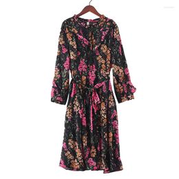 Casual Dresses Purple Floral Vintage Chiffon O-Neck Women's Dress Three-quarter Sleeve Button Lace Up Elegant Knee-Length For Women