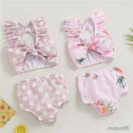 Two-Pieces Toddler Girls Summer Swimwear Sets Ruffle Sleeve Bowknot Camisole Dot/Floral Print Shorts Girls Bikini Sets