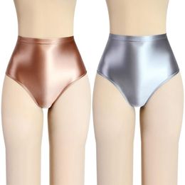 Underpants Sexy Women gloss Briefs Bikini Bottoms with Buttocks Silky MEN underwear highwaisted smooth Tights pants Oily swimming trunks