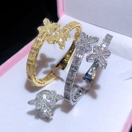 New Trendy Bracelets Bangles Yellow White Gold Plated Bling Baguette CZ Butterfly Bracelet Bangles for Men Women Nice Gift