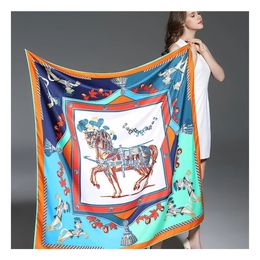 Sarongs Twill Silk Scarf Women Luxury Hijab Euro Brand Design Foulard Fashion Square Shawls Wraps 130cm French Horse Printed Scarves 230508