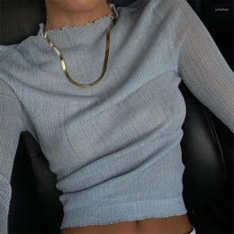 Women's T Shirts Spring Sexy See Through T-shirts Transparent Crop Tops Long Sleeve Mock Neck Elegant Slim Solid Mesh Tees Streetwear Femme