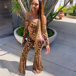 Anzüge Hirigin Leopard Print sexy Frauen Set Langarm Crop Top Flare Hose weiblich Streetwear Plus Size Summer Tops Hosen für Frauen