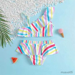 Two-Pieces Summer Toddler Girls Swimwear Sets Fashion Children Kids Sleeveless One Shoulder TopsandRuffle Striped Suits