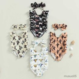 Two-Pieces Kid Girls Romper Swimsuit Fly Sleeve Print Infant Girls Swimwear Headband Toddler Girls Ruffle Summer Swimming Suits