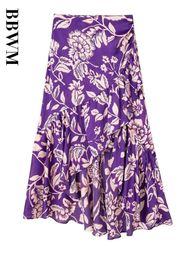 Skirts Woman Summer Laminated Decorative Print Ruched Midi Skirt High Waist Long For Women Fashion Elegant Female 230509