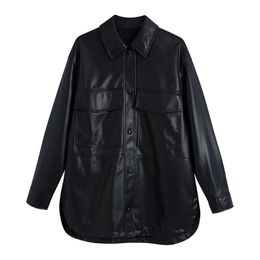 Women's Leather & Faux 2023 Fashion Women Lapel Long Sleeve Oversized Jacket Pockets Button Up Black PU Overshirt Jackets