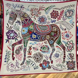 Sarongs Silk Cashmere Scarf Women Hand Rolled Shawls Floral Horse Print Square Scarves Wraps Lady Bandana Big Hijabs Female Foulards 230508