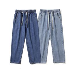 Men's Jeans Spring Fall Retro Fashion Solid Classic Blue Straight Denim Pants Teens Elastic Waist Loose Casual Versatile Trouser 230509