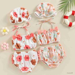 Two-Pieces Baby Girls Swimsuits Bathing Suit Princess Floral Print Halter Bikini Set Swimming Suit Beachwear with Swim Cap Set