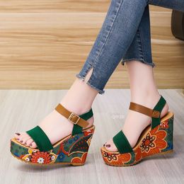 Height Increasing Shoes Leisure Bohemia Vcation Style Ancient Totem Floral Dropship Wedges High Heels Platform Summer Sandals Shoe 230508