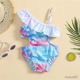 Two-Pieces Toddler Girls Summer Romper Swimwear One Shoulder Fish Scale Print Bathing Suits Kids Girls Beach Bodysuit Swimsuits