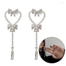 Stud Earrings Vintage Imitation Pearl Love Bow For Teens Women 2023 Trend Korean Long Tassel Punk Chain T8DE