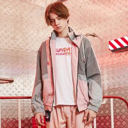 Men's Jackets 2023 Harajuku Mens Jacket Men Hip Hop Hooded Windbreaker Vintage Pink Colour Block Hoodie Streetwear Cardigan