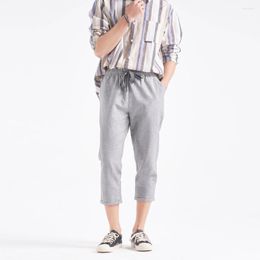 Men's Pants Spring Summer Men's Solid Linen Crop Japanese Minimalism Elastic Waist Harun Cotton Casual Cropped